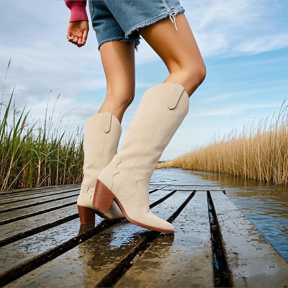 Cowboy Boots Pointed Toe Chunky Heel Knee High Boots Embroidered Western Boots
